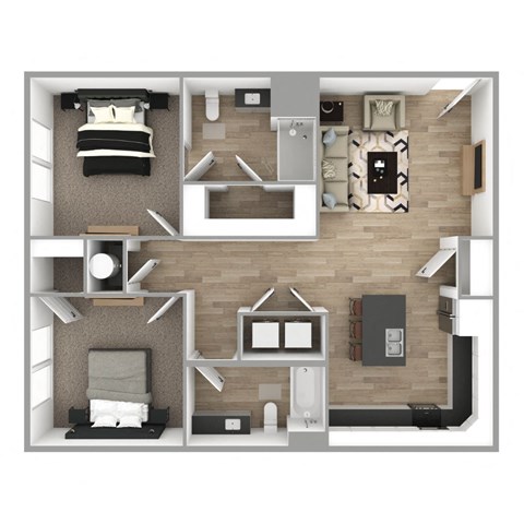 Floor plan for 2 beds, 2 baths, 1076 sqft